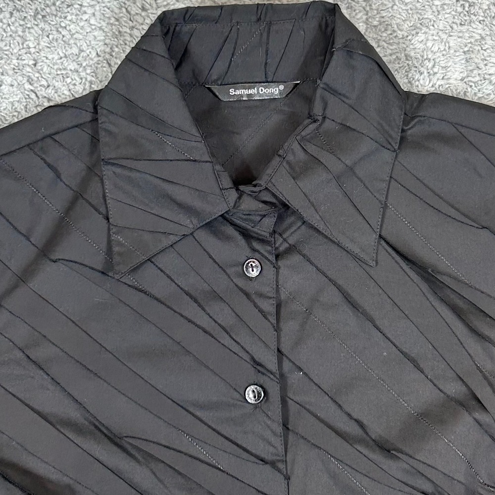 Samuel Dong Black Pleated Button Up Blouse Textured Top Womens Medium